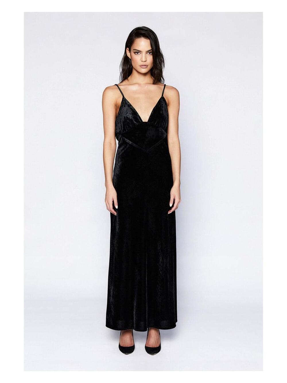 Bardot Dress Black Velvet V Neck Evening Dress US 8 Low Back Formal